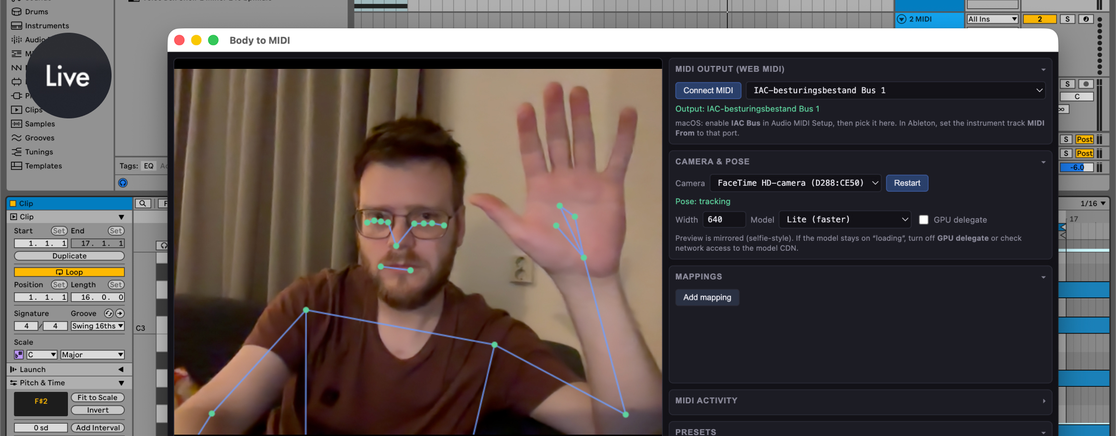 Webcambeeld met daarop gevisualiseerde handgebaren